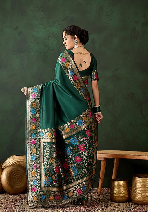 Green Weaving Design Silk Saree Set