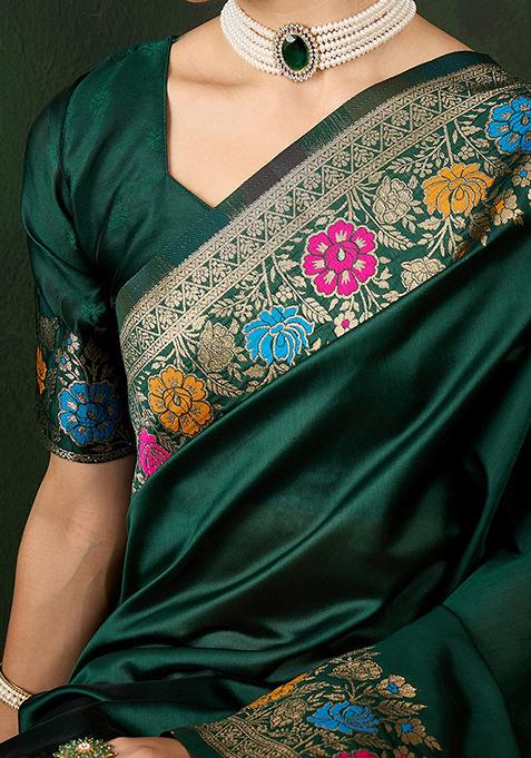 Green Weaving Design Silk Saree Set