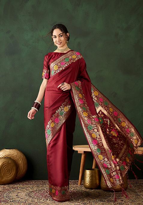 Maroon Weaving Design Silk Saree Set