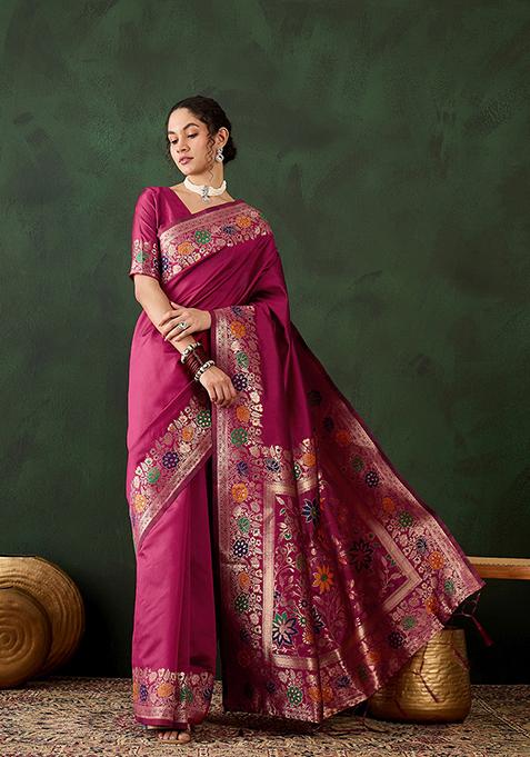 Pink Weaving Design Silk Saree Set