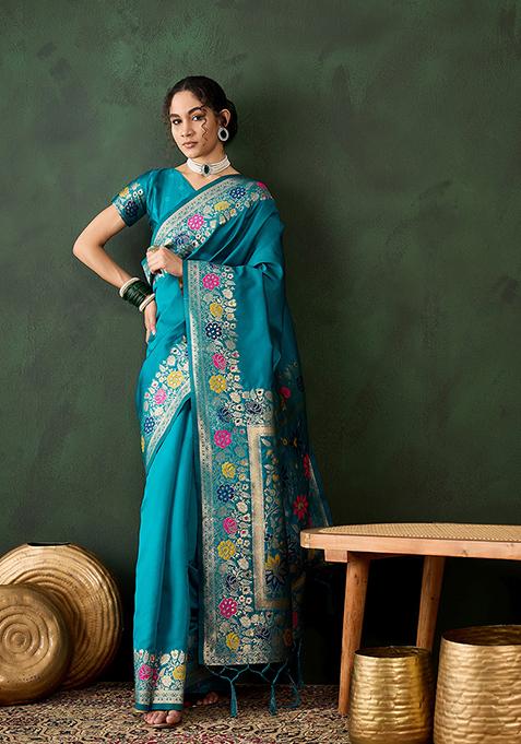 Teal Blue Weaving Design Silk Saree Set