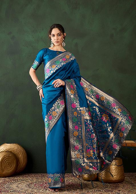 Blue Weaving Design Silk Saree Set