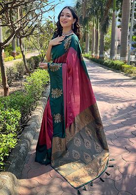 Pink Zari Embroidered Soft Silk Saree Set