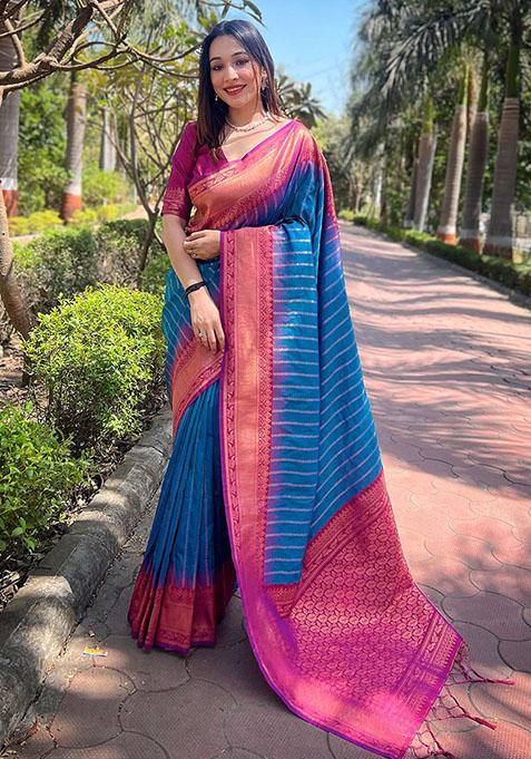 Blue Zari Embroidered Soft Silk Saree Set