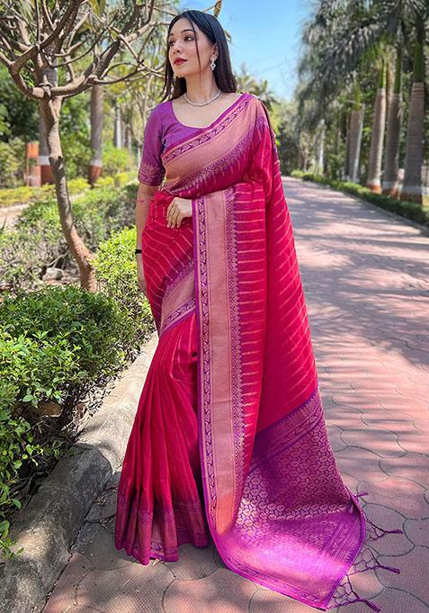 Pink Zari Embroidered Soft Silk Saree Set