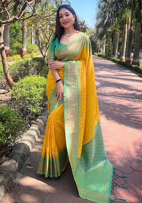 Yellow Zari Embroidered Soft Silk Saree Set