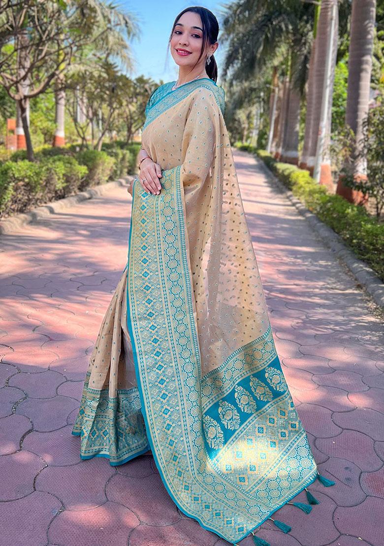 Beige Zari Embroidered Tissue Silk Saree Set