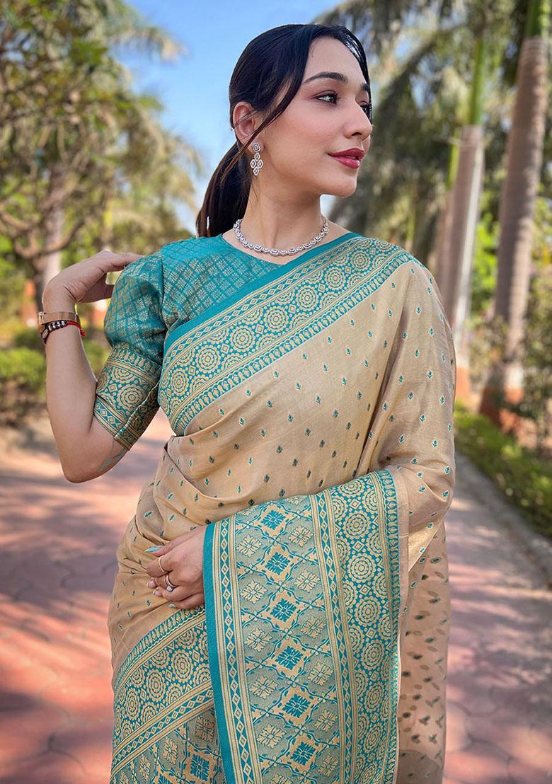 Beige Zari Embroidered Tissue Silk Saree Set