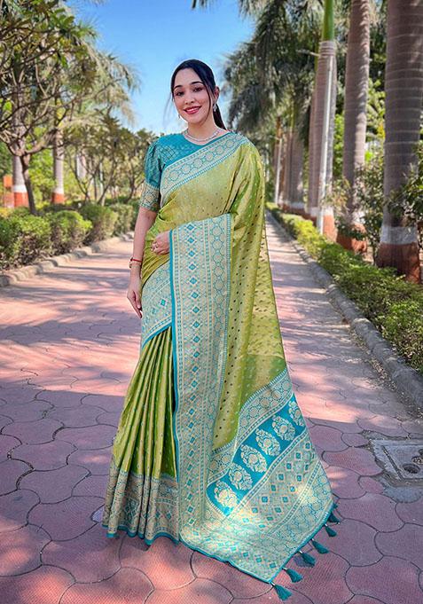 Green Zari Embroidered Tissue Silk Saree Set