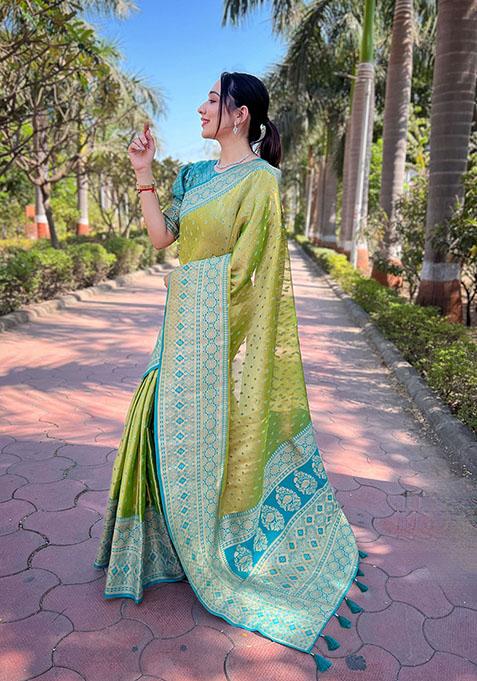 Green Zari Embroidered Tissue Silk Saree Set