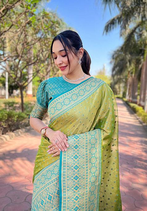 Green Zari Embroidered Tissue Silk Saree Set