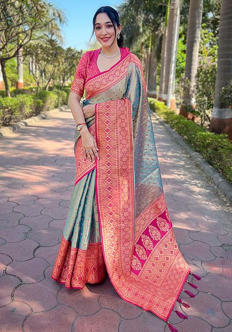 Grey Zari Embroidered Tissue Silk Saree Set