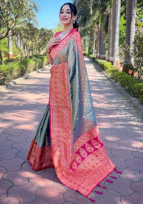 Grey Zari Embroidered Tissue Silk Saree Set