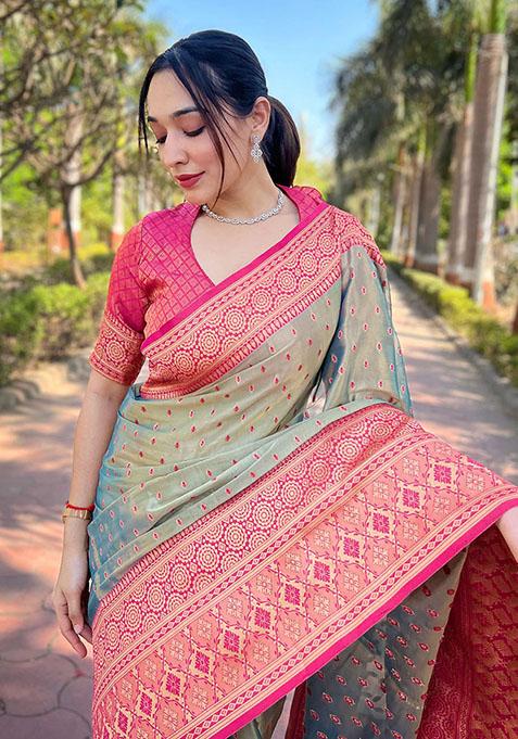 Grey Zari Embroidered Tissue Silk Saree Set