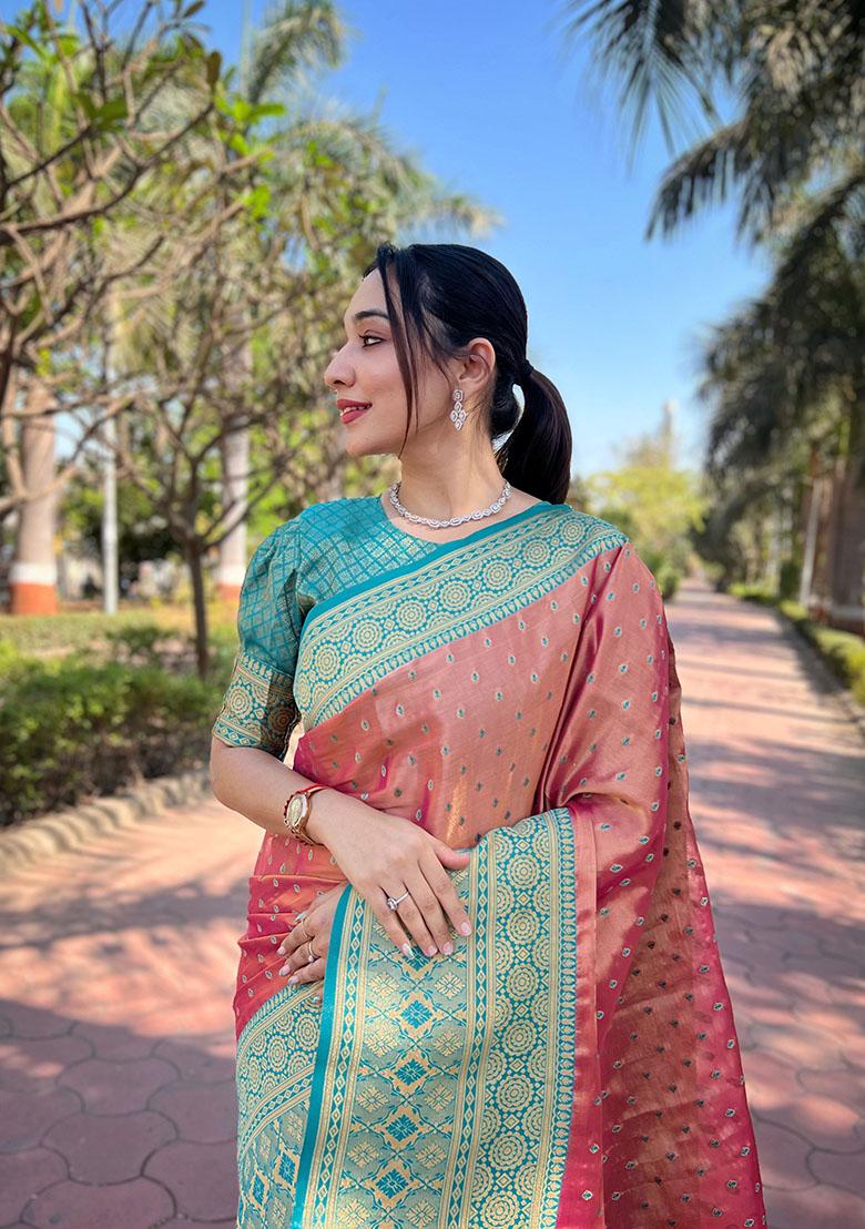 Pink Zari Embroidered Tissue Silk Saree Set