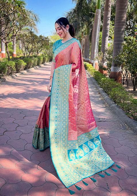 Pink Zari Embroidered Tissue Silk Saree Set