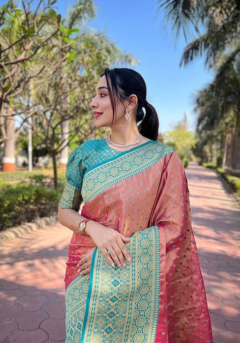 Pink Zari Embroidered Tissue Silk Saree Set