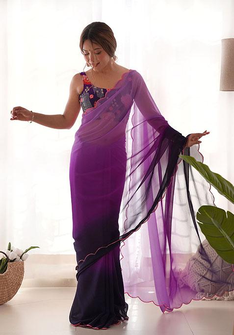 Purple Embroidered Faux Georgette Saree Set