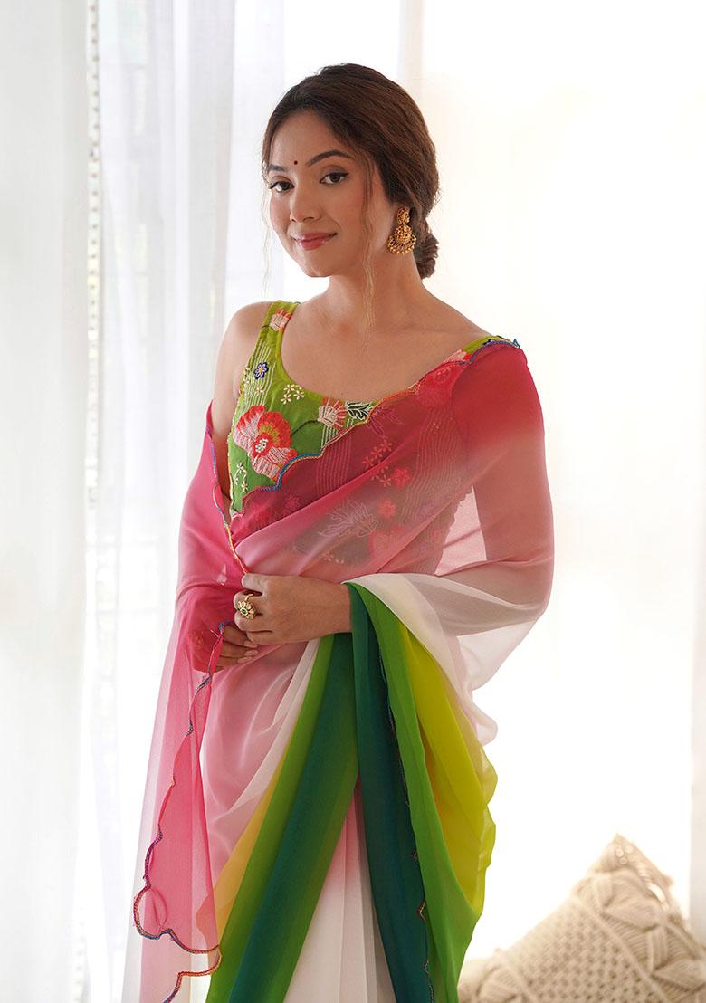 Green Embroidered Faux Georgette Saree Set - Indya