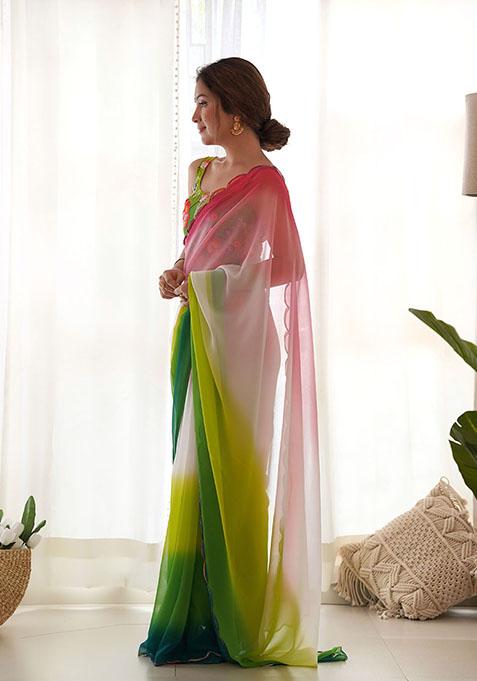 Green Embroidered Faux Georgette Saree Set