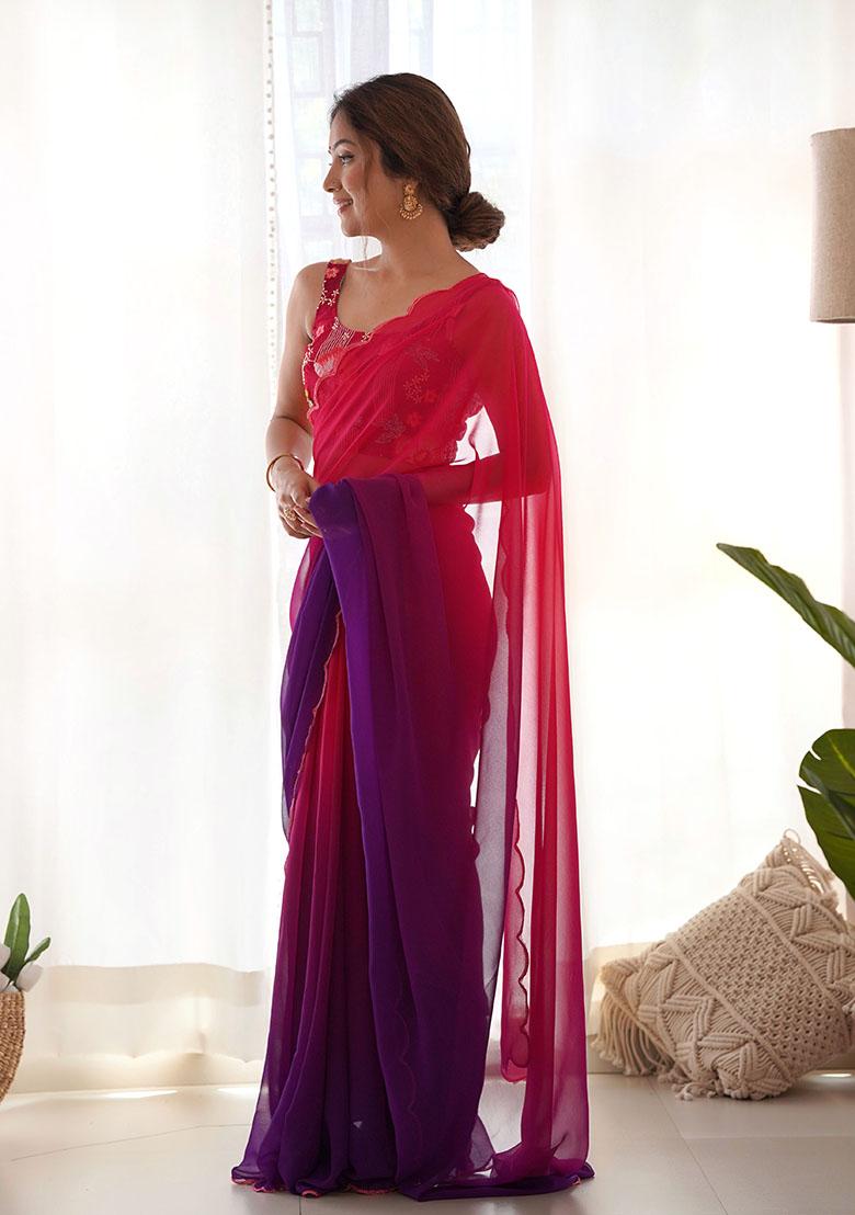 Red Embroidered Faux Georgette Saree Set