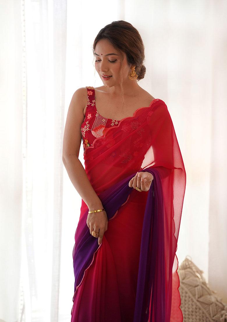 Red Embroidered Faux Georgette Saree Set
