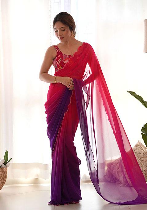 Red Embroidered Faux Georgette Saree Set