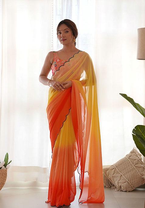 Orange Embroidered Faux Georgette Saree Set