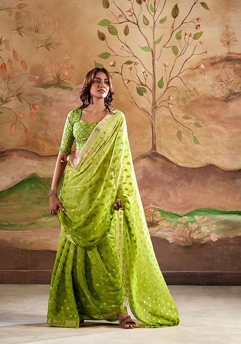 Green Printed Handloom Saree Set