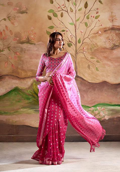 Pink Printed Handloom Saree Set