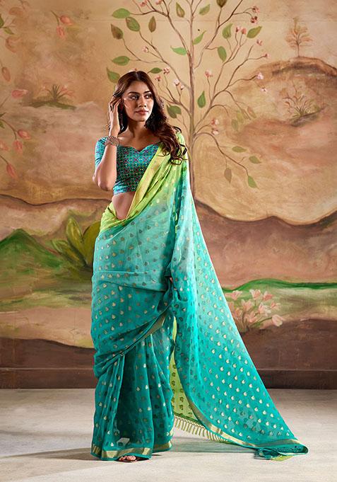 Sea Green Printed Handloom Saree Set