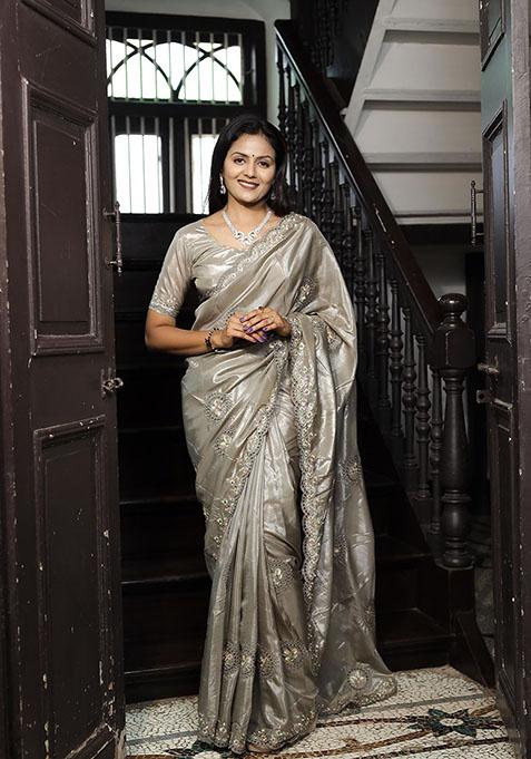 Grey Thread Embroidered Soft Silk Saree Set