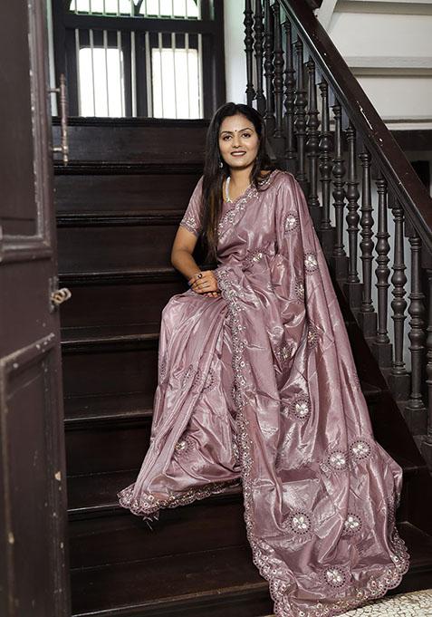 Purple Thread Embroidered Soft Silk Saree Set