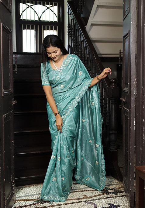 Turquoise Blue Thread Embroidered Soft Silk Saree Set