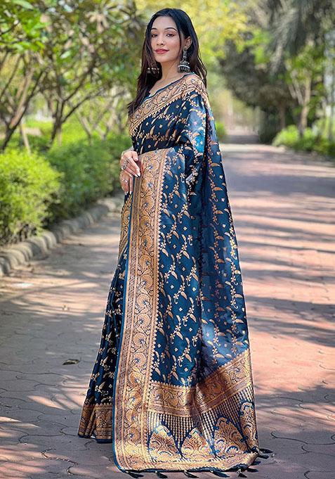 Blue Zari Embroidered Banarasi Silk Saree Set