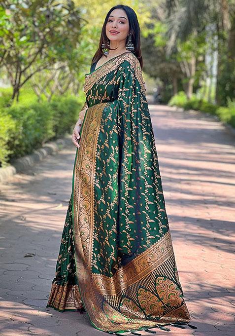 Green Zari Embroidered Banarasi Silk Saree Set