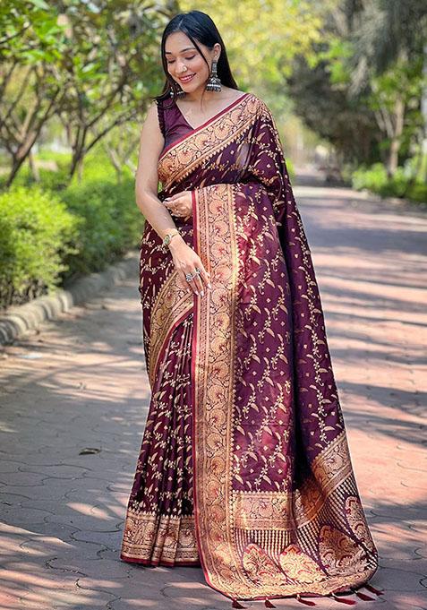 Magenta Zari Embroidered Banarasi Silk Saree Set