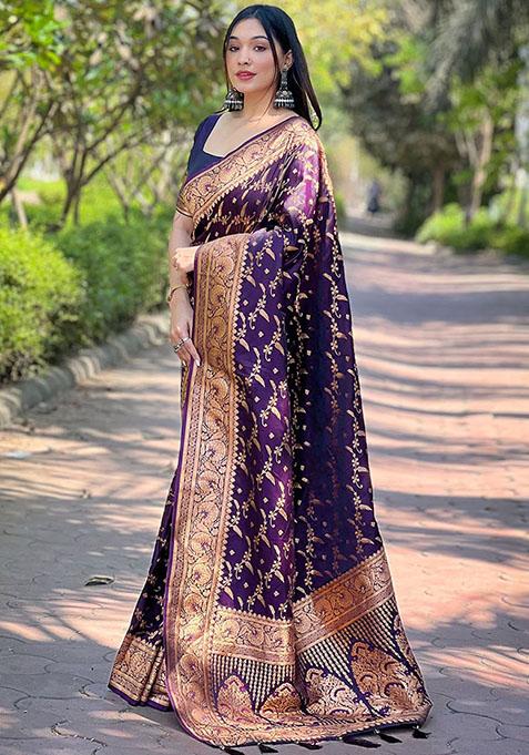 Purple Zari Embroidered Banarasi Silk Saree Set