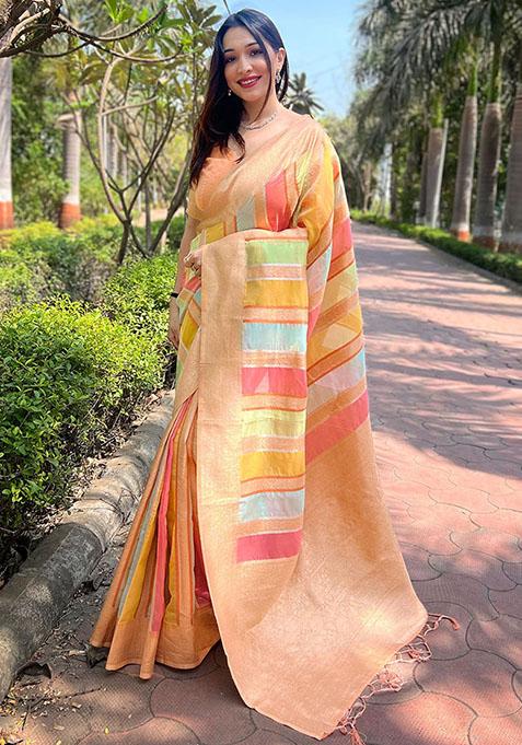 Peach Weaving Design Organza Saree Set