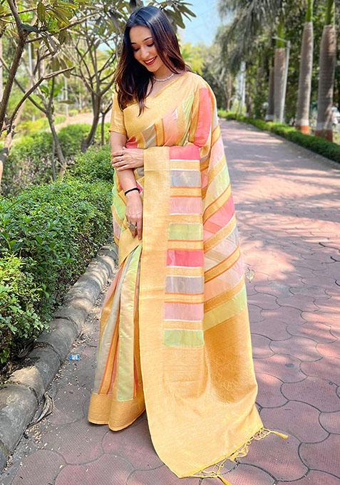 Yellow Weaving Design Organza Saree Set