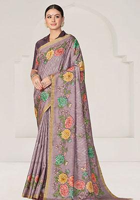 Lavender Embroidered Malai Satin Saree Set