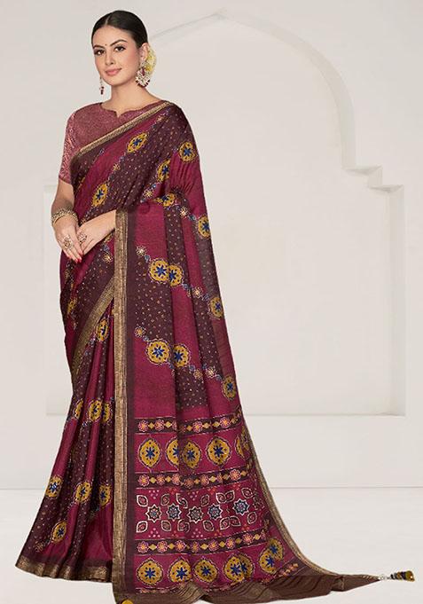 Maroon Thread Embroidered Brocade Saree Set