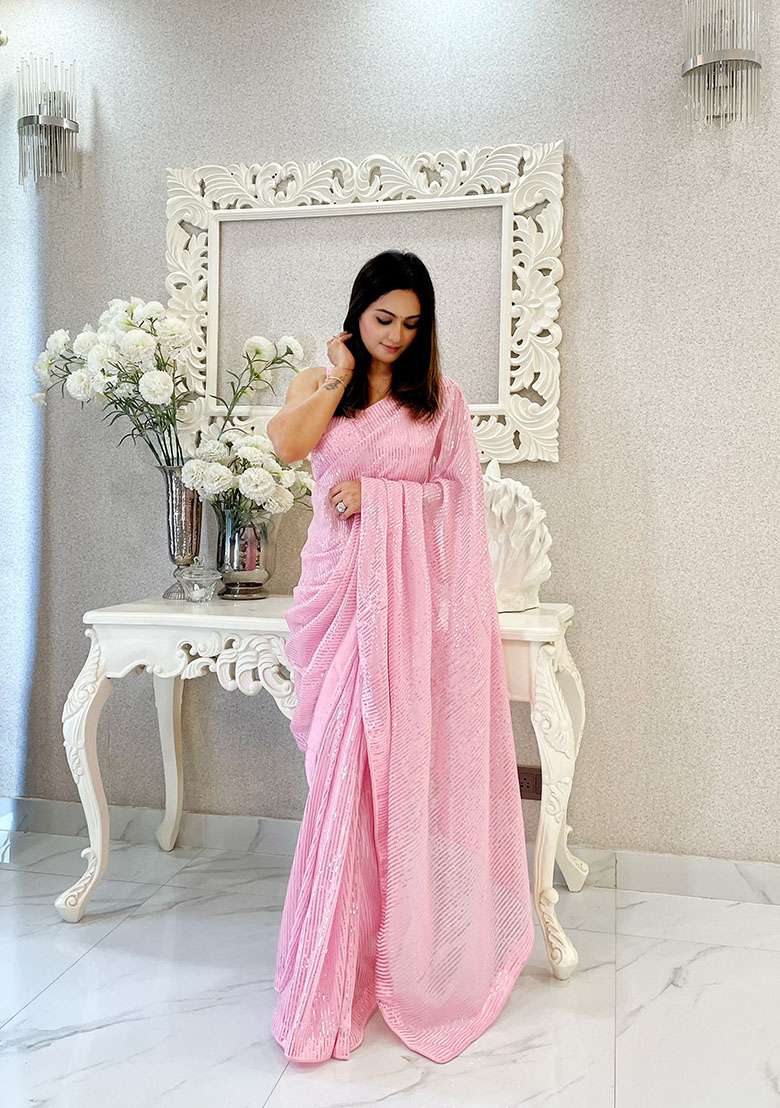 Baby Pink Embroidered Banglori Satin Saree Set - Indya