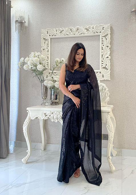 Black Embroidered Banglori Satin Saree Set