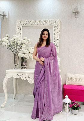 Lavender Embroidered Banglori Satin Saree Set