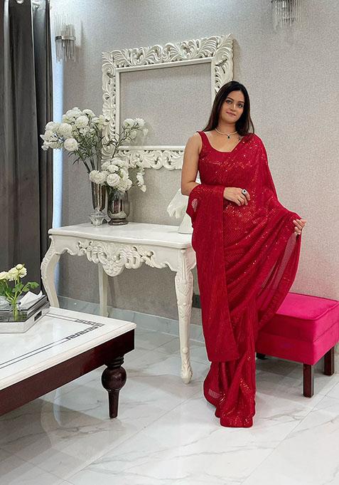 Maroon Embroidered Banglori Satin Saree Set