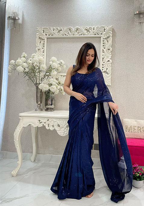 Navy Blue Embroidered Banglori Satin Saree Set