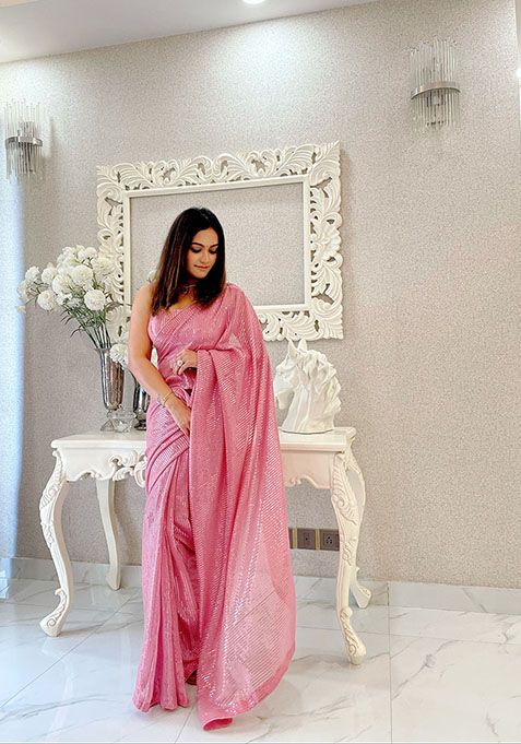 Pink Embroidered Banglori Satin Saree Set