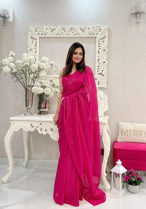 Pink Embroidered Banglori Satin Saree Set