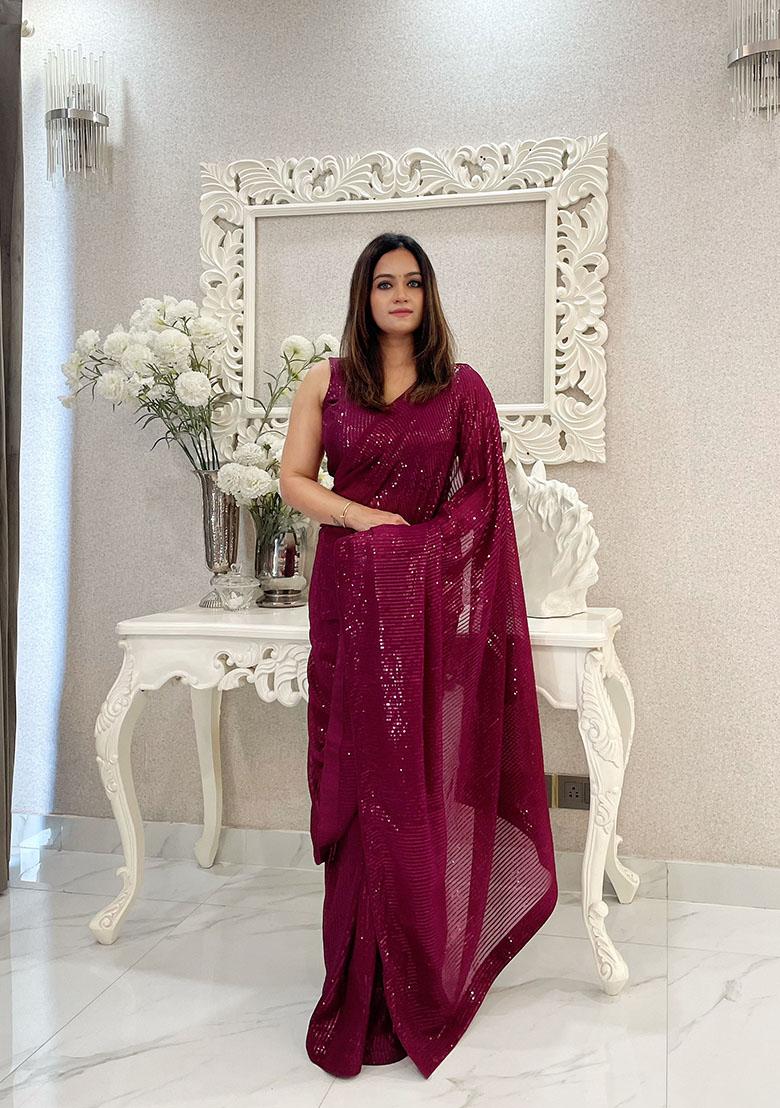 Wine Embroidered Banglori Satin Saree Set